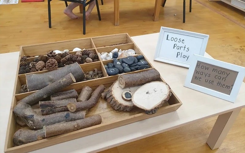 A wooden tray filled with natural loose parts