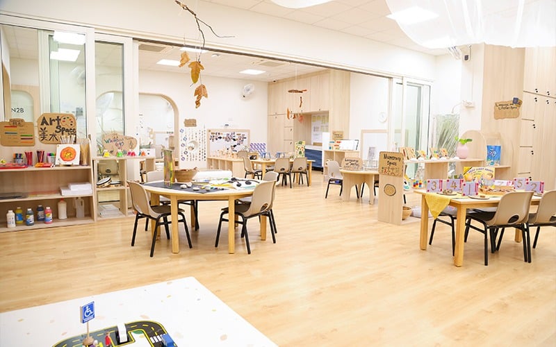 A bright and spacious preschool classroom with flexible learning zones